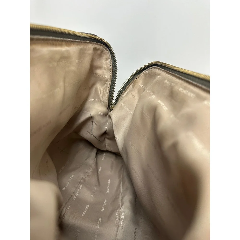 Michael Kors Signature Logo Satchel Brown Olive Green Two Tone Handbag Gold HW